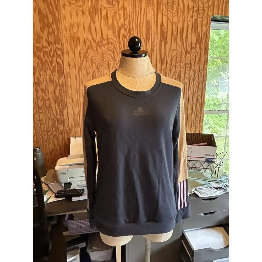 Adidas Sweatshirt womens Essentials Crewneck Logo Colorblock Blue & Tan NWT‎ XS